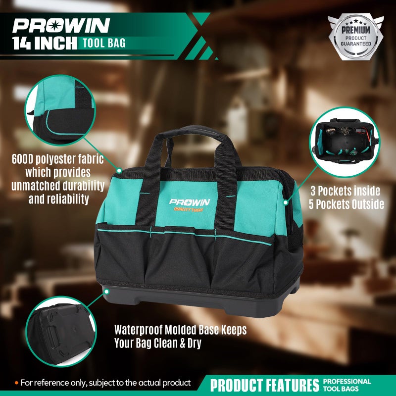 Prowin 14-inch Tool Bag, Multi-pocket Tool Organizer with Plastic Waterproof Bottom, Wide Mouth Tool Tote Bag with Inside Pockets for Construction, Carpentry, Gardening, Electrician, DIY - Image 4
